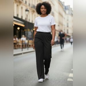Womans Large Black Wide Leg Pants Light Weight Polyester Pull On L